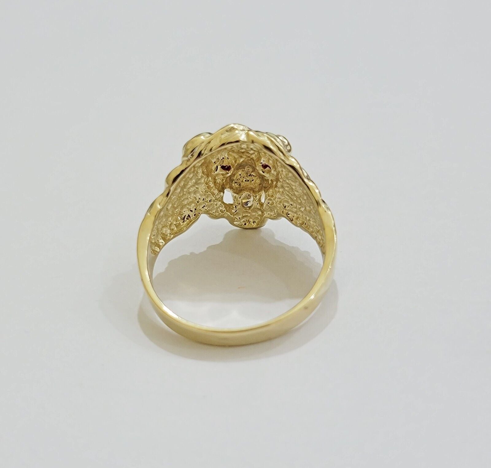 Mens Ring Lion Head REAL 10k Yellow Gold Roaring Lion With Red Eye , 10kt Solid - GoldenlinQ